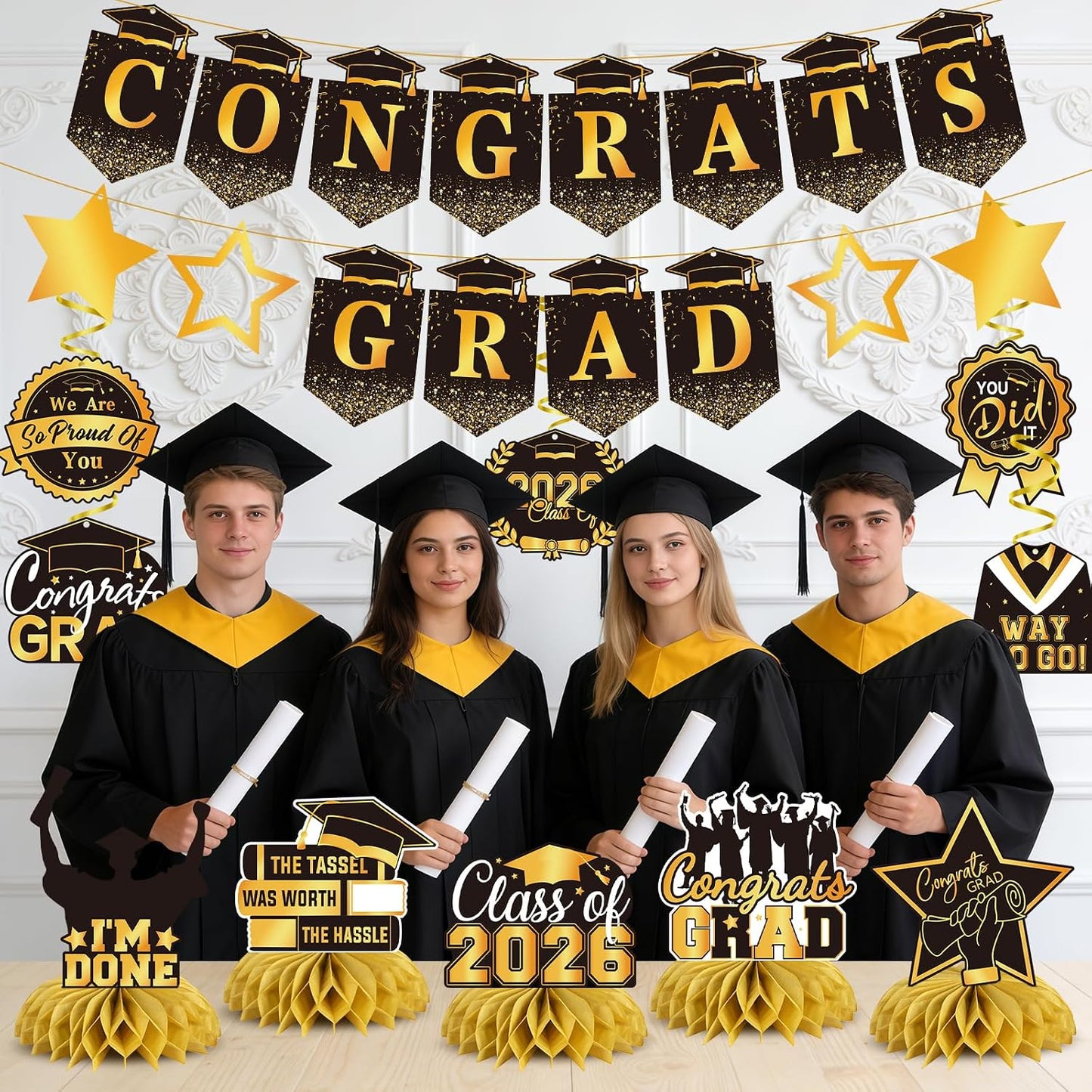 Graduation Decorations 2026, Class of 2026 Graduation Party Decorations Set, Congrats Grad Banner, Hanging Swirls & Table Centerpiece Decorations, Black and Gold Graduation Decor for Home School Party BST326L