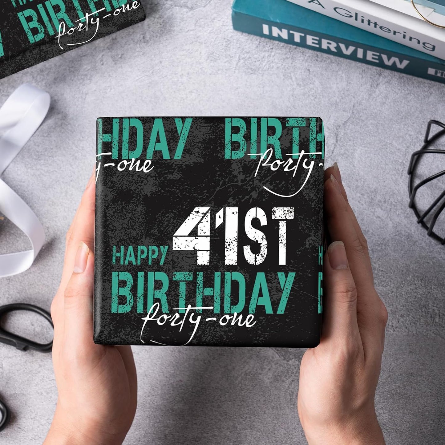 RUSPEPA Birthday Wrapping Paper for Man - Mini Roll - HAPPY 41st BIRTHDAY Text Design for Men's or Father's Birthday Party Gift Wrap and Special Occasions - 17 inches x 16.4 feet - 41 Year Old BST326L