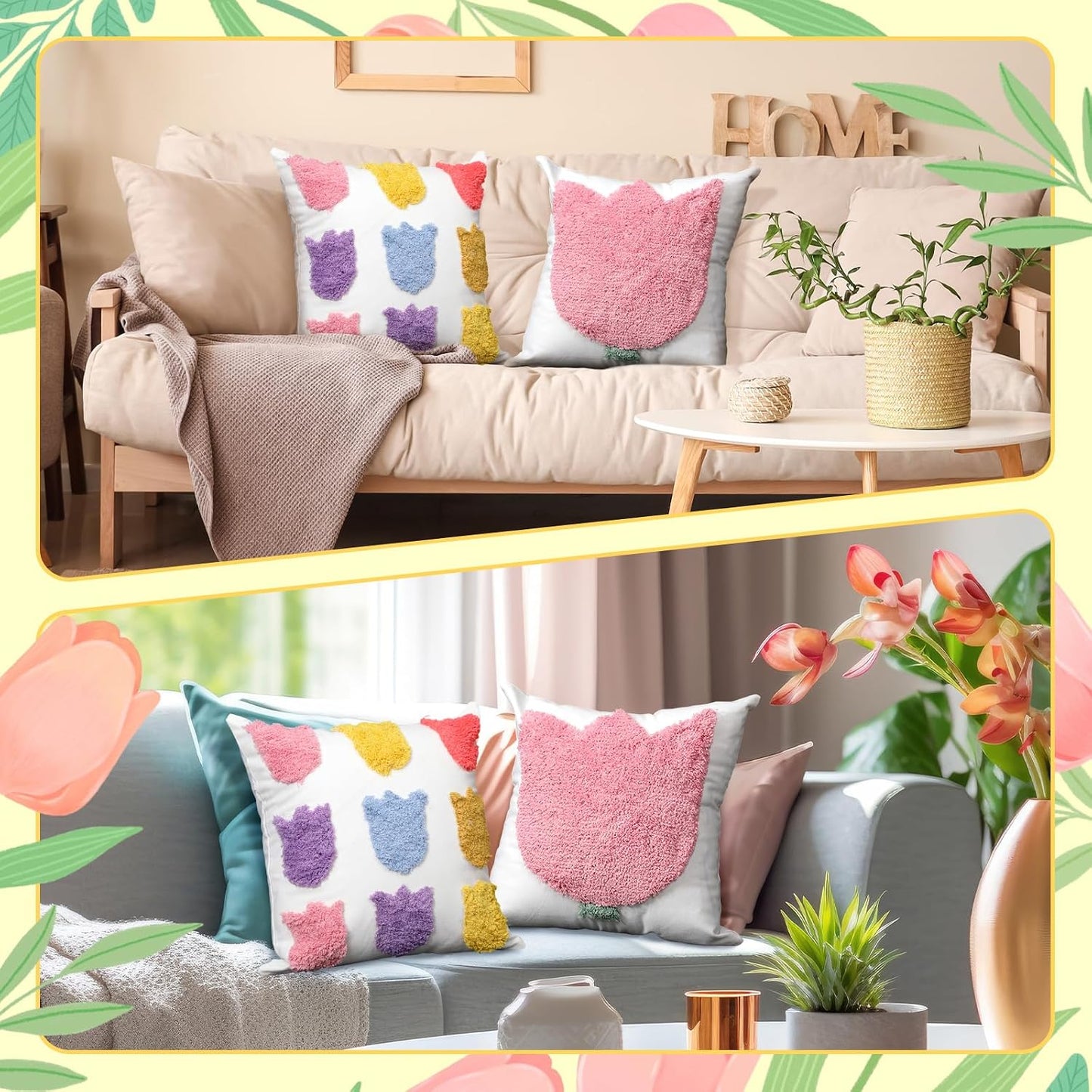 Mixweer Set of 2 Tulip Pillow Covers 18x18 Inch Embroidered Floral Pillowcases Soft Plush Farmhouse Decor Floral Throw Pillow Cover with Zipper for Summer Spring Mother's Day Home Sofa Holiday Decor BST326L