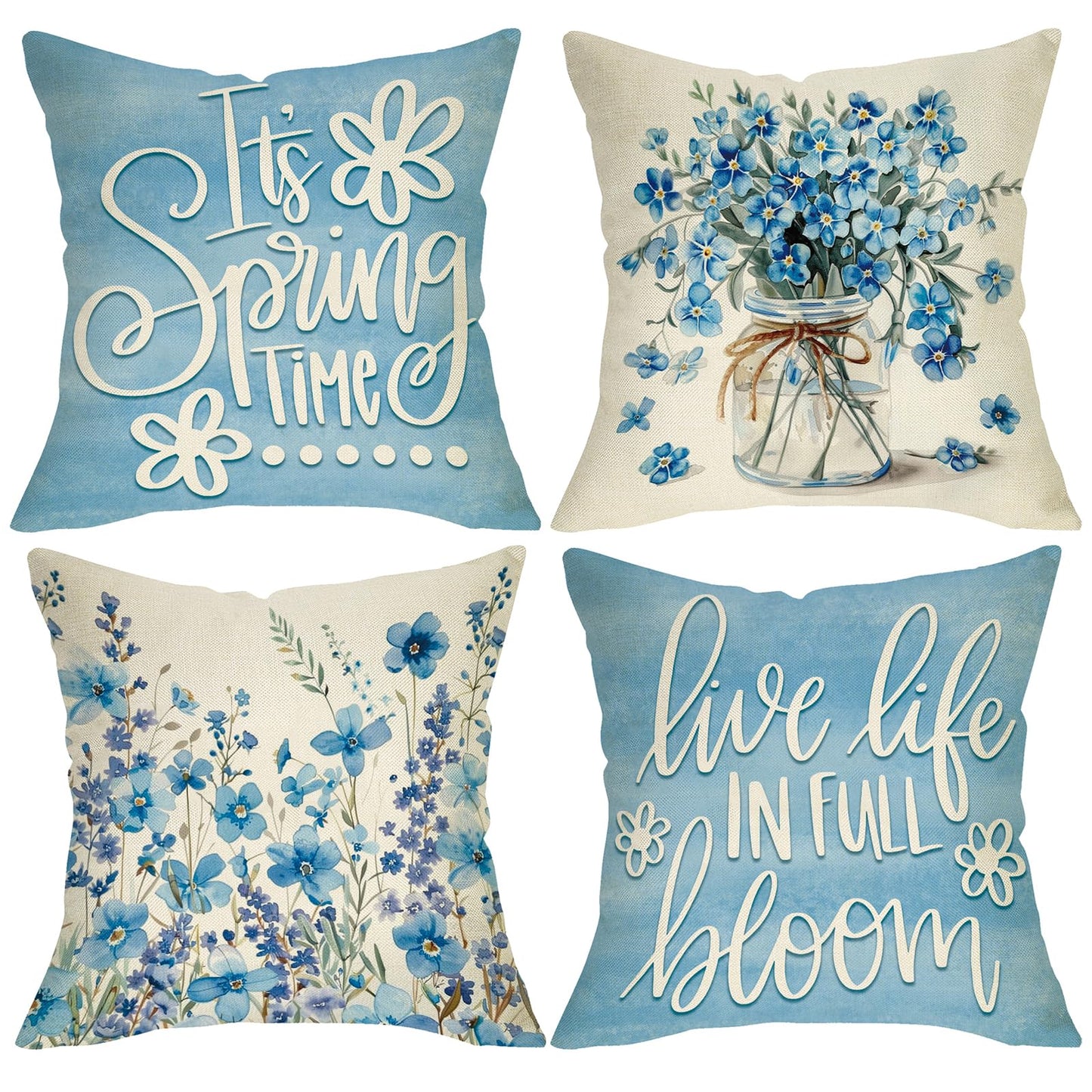 Spring Summer Daisy Flower Decorative Throw Pillow Covers | 18 x 18 Set of 4, Home Sweet Home Floral Wreath Watering Can Boots Porch Home Decor, Live Laugh Love Farmhouse Sofa Couch BST202