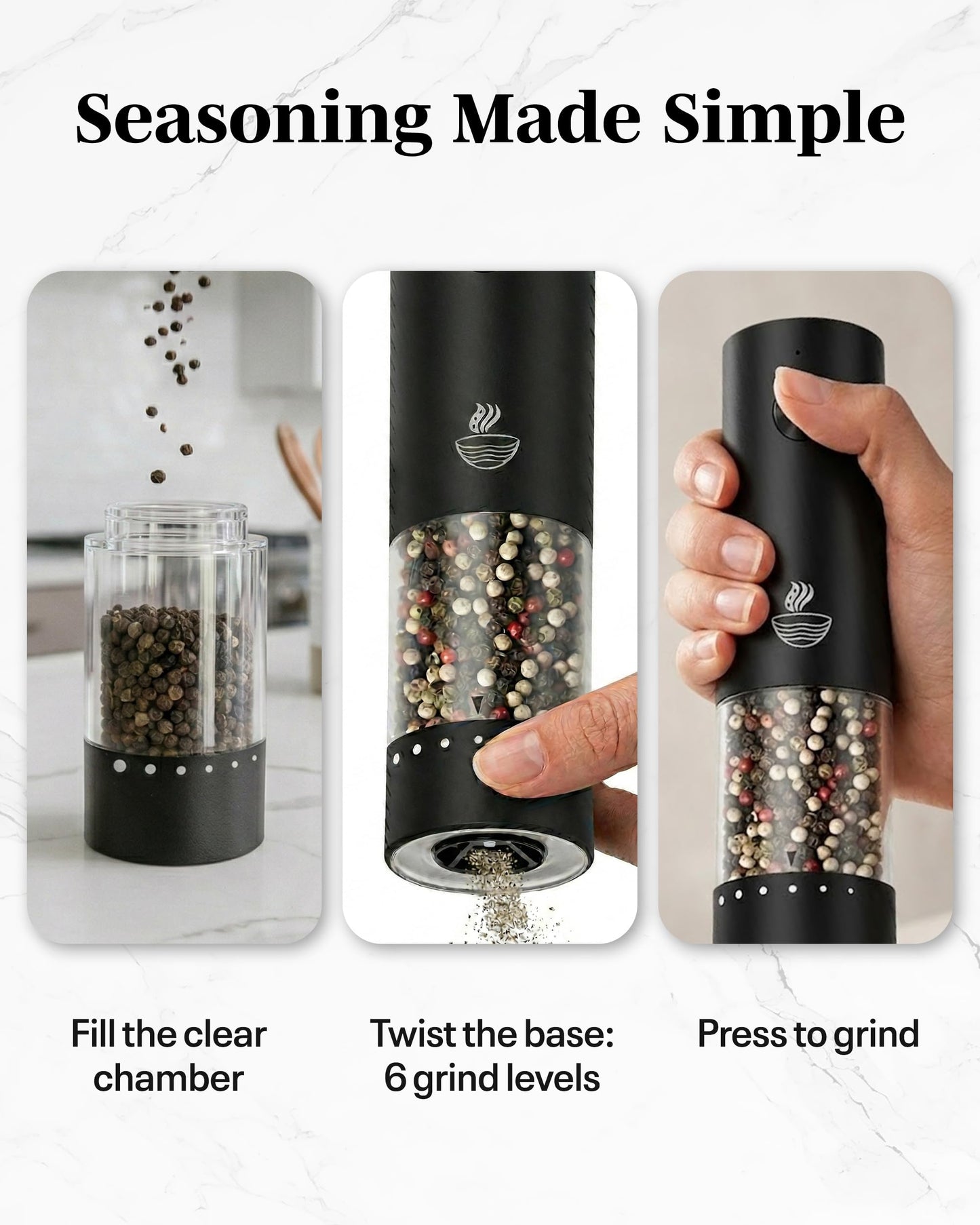 Electric Salt and Pepper Grinder Set - Black 2 Pack Battery Operated Mills with 95ml Large Capacity, Adjustable Coarseness, Built-in LED Light, Automatic Salt & Pepper Shakers for Kitchen BST220