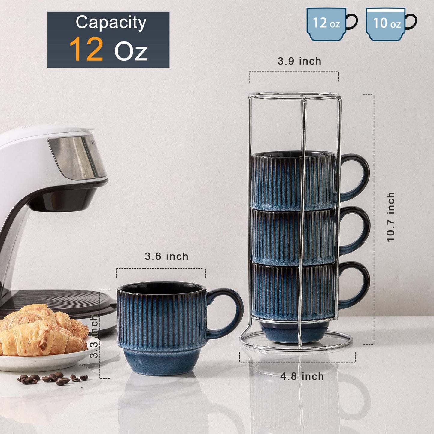 HASENSE 15 oz Ribbed Stackable Coffee Mug Set of 4, Porcelain Latte Cups with Metal Rack, Dishwasher & Microwave Safe, Cappuccino Tea Hot Cocoa, White BST220