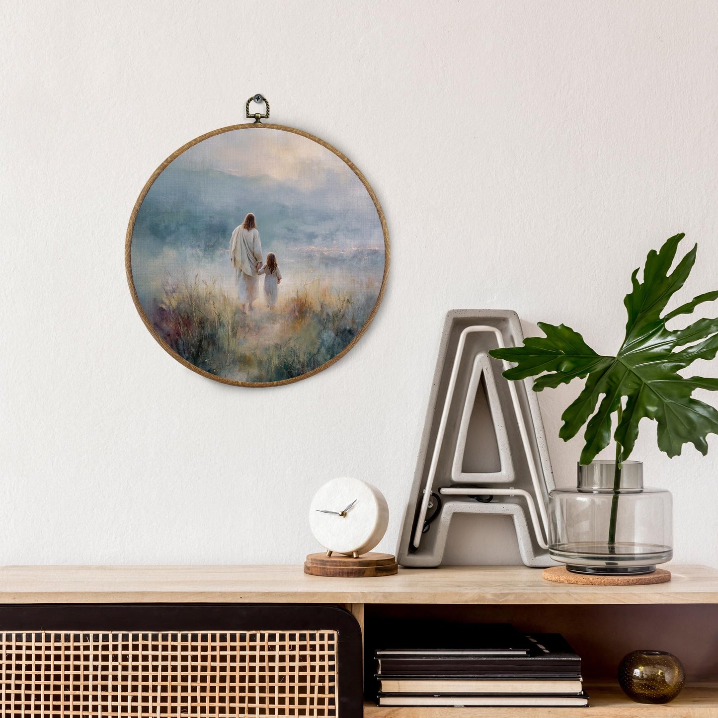 BitKAM Jesus and Lamb Christian Round Wall Art Decor, Jesus Saves the Lost Lamb Canvas Prints Framed, Religious Wall Hanging Decorations for Church Home Bedroom Living Room, 10x10 Inch Wall Sculptures BST326L