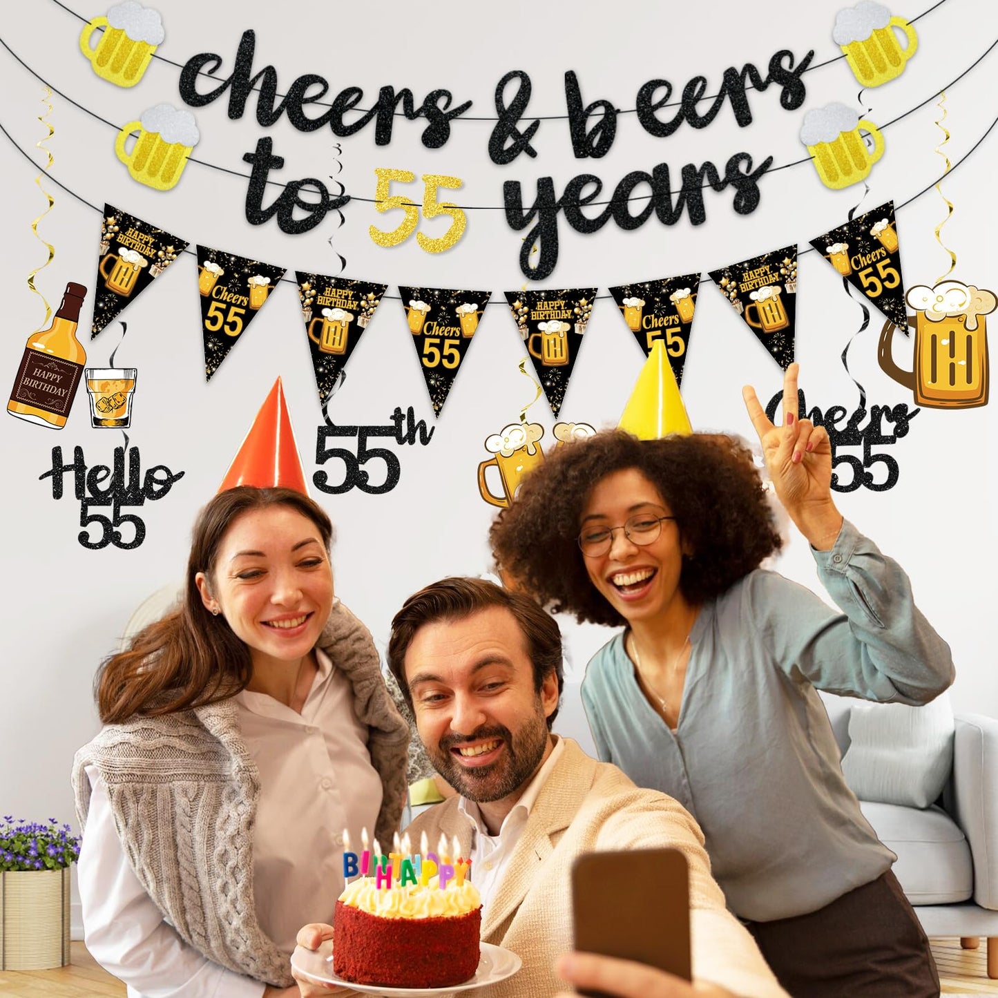 Black Gold 90th Birthday Decorations for Men Women, Glitter Pre-Strung Cheers to 90 Years Banner Hello 90 Hanging Swirls Paper Triangle Flag Banner Decorations Bday Party Supplies Kit WN420