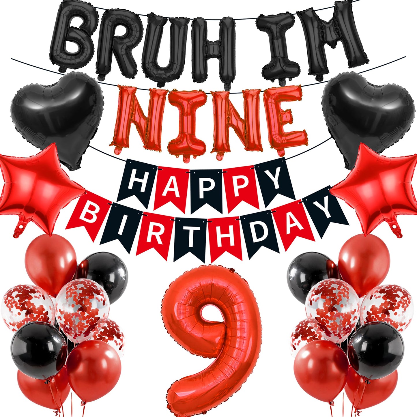 9th Birthday Decorations Boys Kit - 27 Pcs Red and Black Bruh Im Nine Balloon Banners Happy Birthday Fishtail Flags Number 9 Balloon Star Heart Balloons Set for 9 Year Old Party Decoration Supplies BST202
