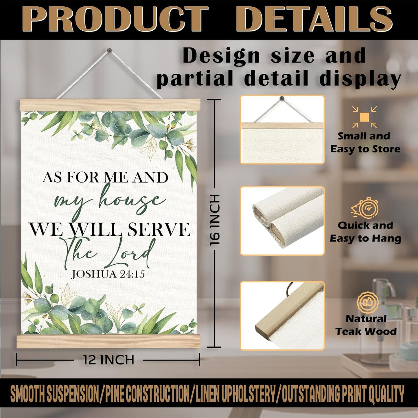 As For Me and My House Wall Decor, Eucalyptus Christian Canvas Poster Hanger Frames, Christian Joshua 24:15 Bible Verses Scripture Wall Decor Prints for Home Bedroom Living Room,12x16 Inch BST202