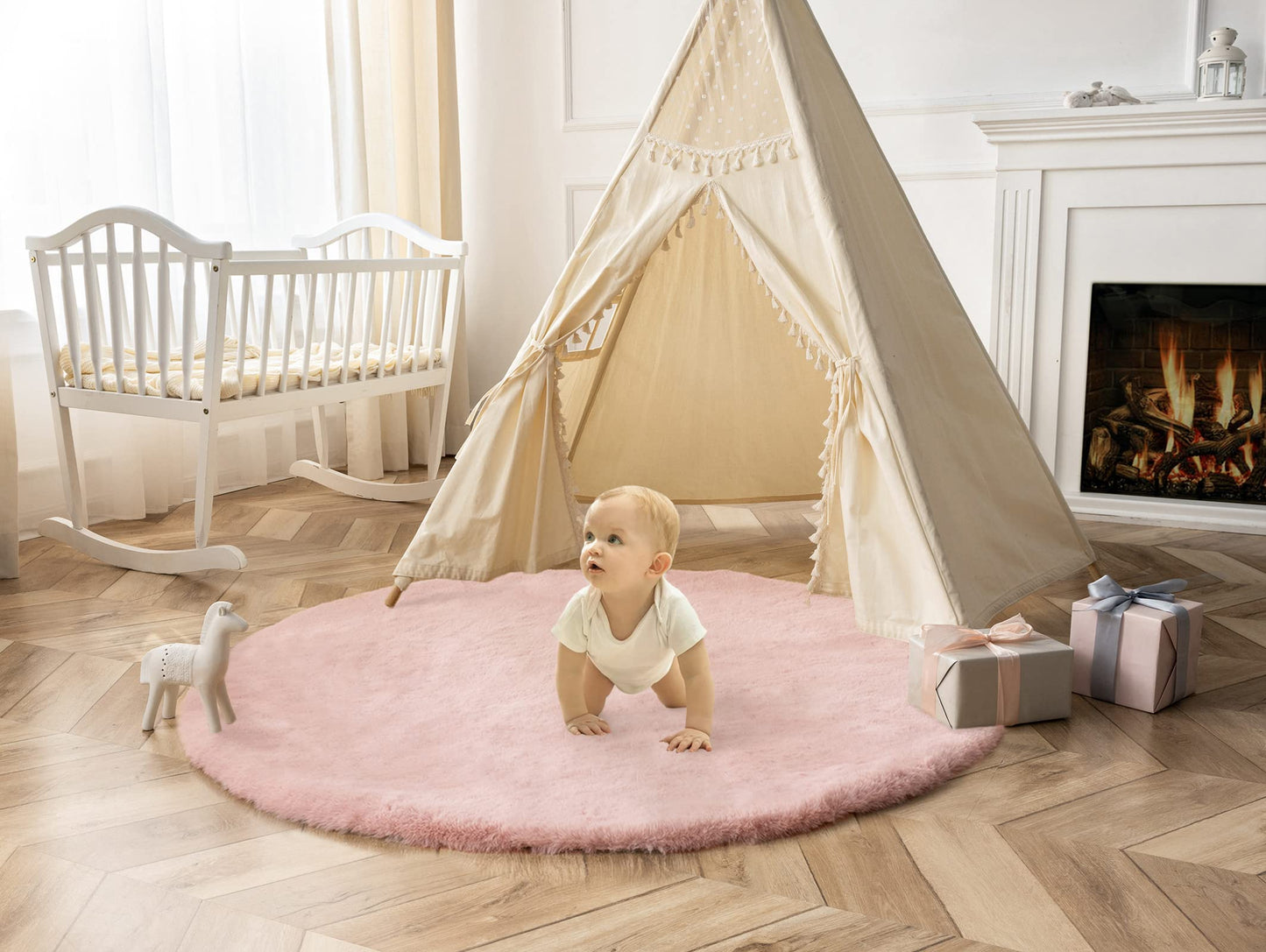 Ashler Faux Fur Rug, Ultra Soft Faux Rabbit Fur, Beige Area Rugs, 3 x 3 Feet Round, Machine Washable Nursery Decor Throw Rugs for Bedroom, Kids Room, Living Room BST326H
