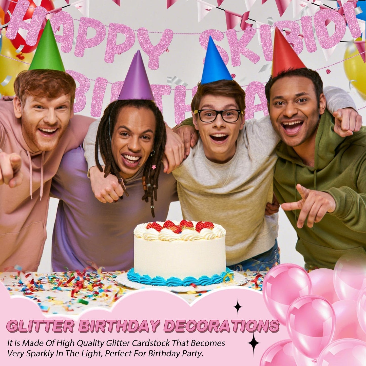 Fulmoon Pre Strung Happy Skibidi Birthday Sigma Banner Glitter Funny Zoomer Gen Z Slang Birthday Party Supplies Gen Z Slag Party Decorations Sign Gift(Champagne Gold) WN420