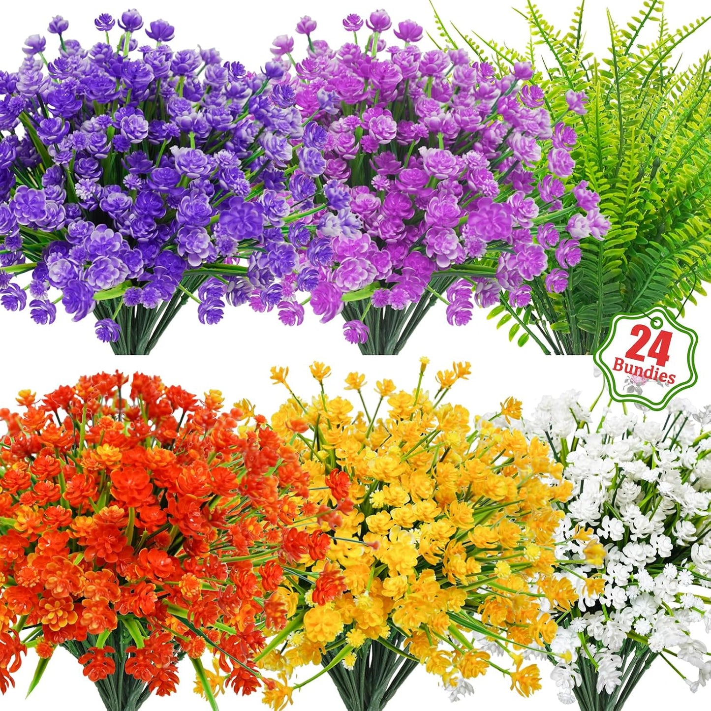 Uieke 24PCS Artificial Flowers for Outdoors UV Resistant Fake Flowers with Bostern Ferns Shrubs Faux Plastic Greenery Plants for Outdoor Garden Window Box Home Indoor Decor BST326H