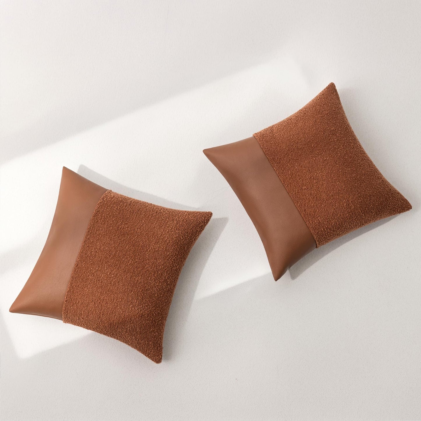 Set of 2 Fluffy Boucle Pillow Covers 18"x18", Oatmeal Textured Throw Pillow Covers with Faux Leather Accents, Boho Decorative Pillow Cases for Couch, Bed, or Farmhouse Home Decor BST220