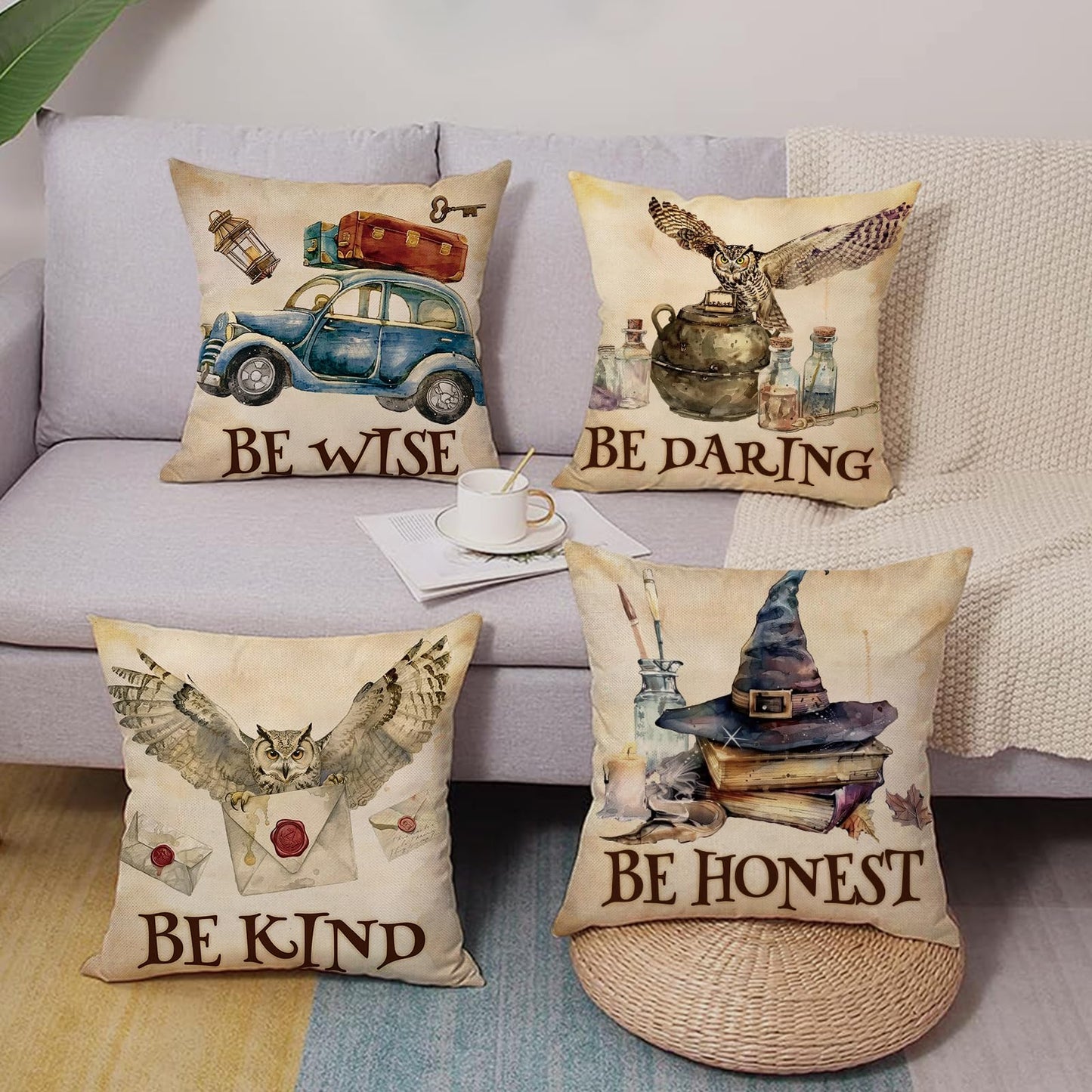Groovy Smiling Face Inspirational Decorative Throw Pillow Covers | 20 x 20 Set of 4, Pink Hippie Smile Flower Porch Outdoor Home Decor, Motivational Quote Everything is Alright Couch Cushion BST202