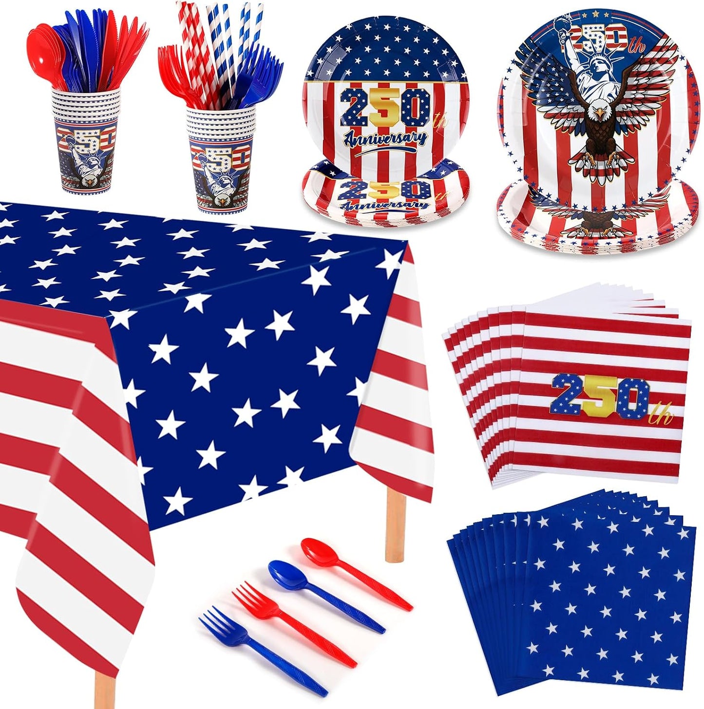 HOWAF 105pcs 4th of July 250 Years of Freedom Tableware Set, Patriotic USA 1776-2026 Anniversary Dinnerware for Independence Day, Fourth of July Party Decor, America 250th Birthday Party Supplies BST326H