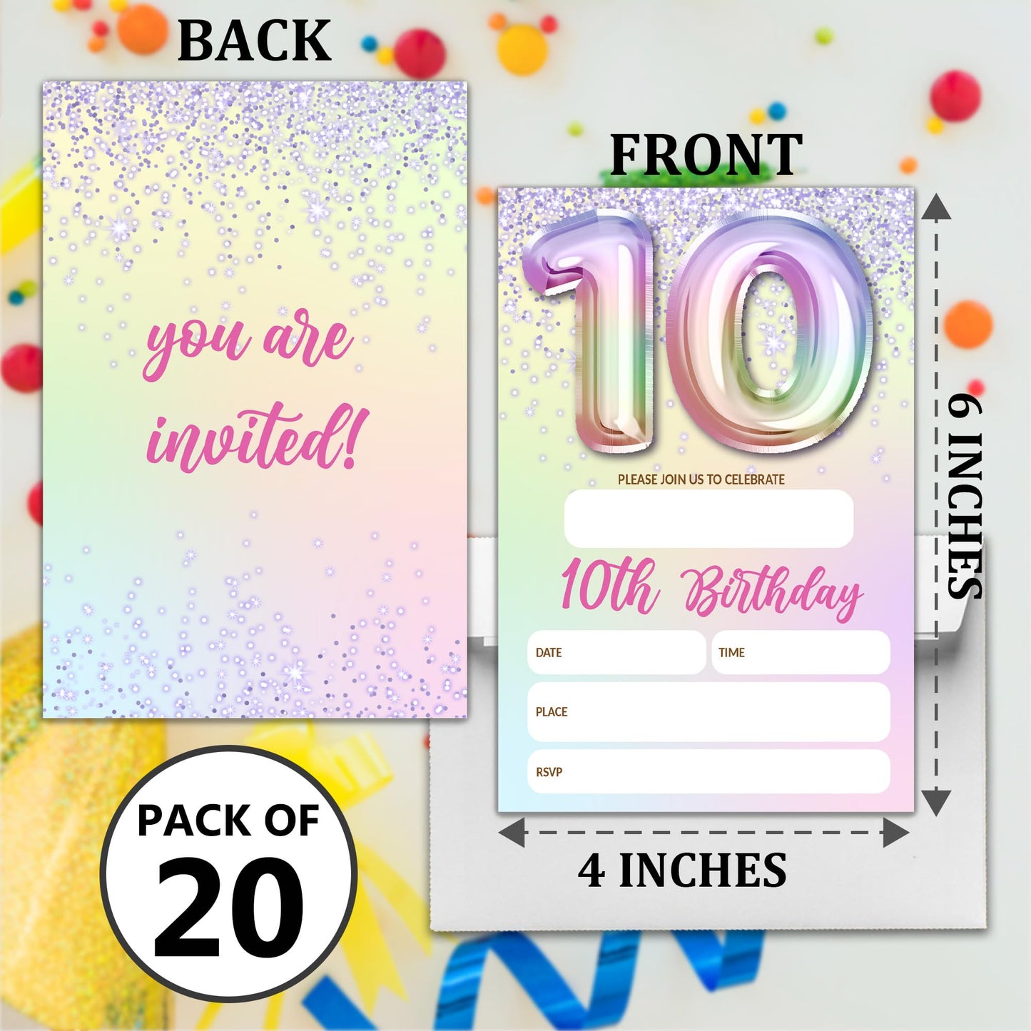 5th Birthday Invitations For Girl,Purple Glitter Birthday Invites, 20 Fill-in Rainbow Balloons Invitation Cards With Envelopes, Fifth Party Decorations 4x6 Inch-D05 WN420