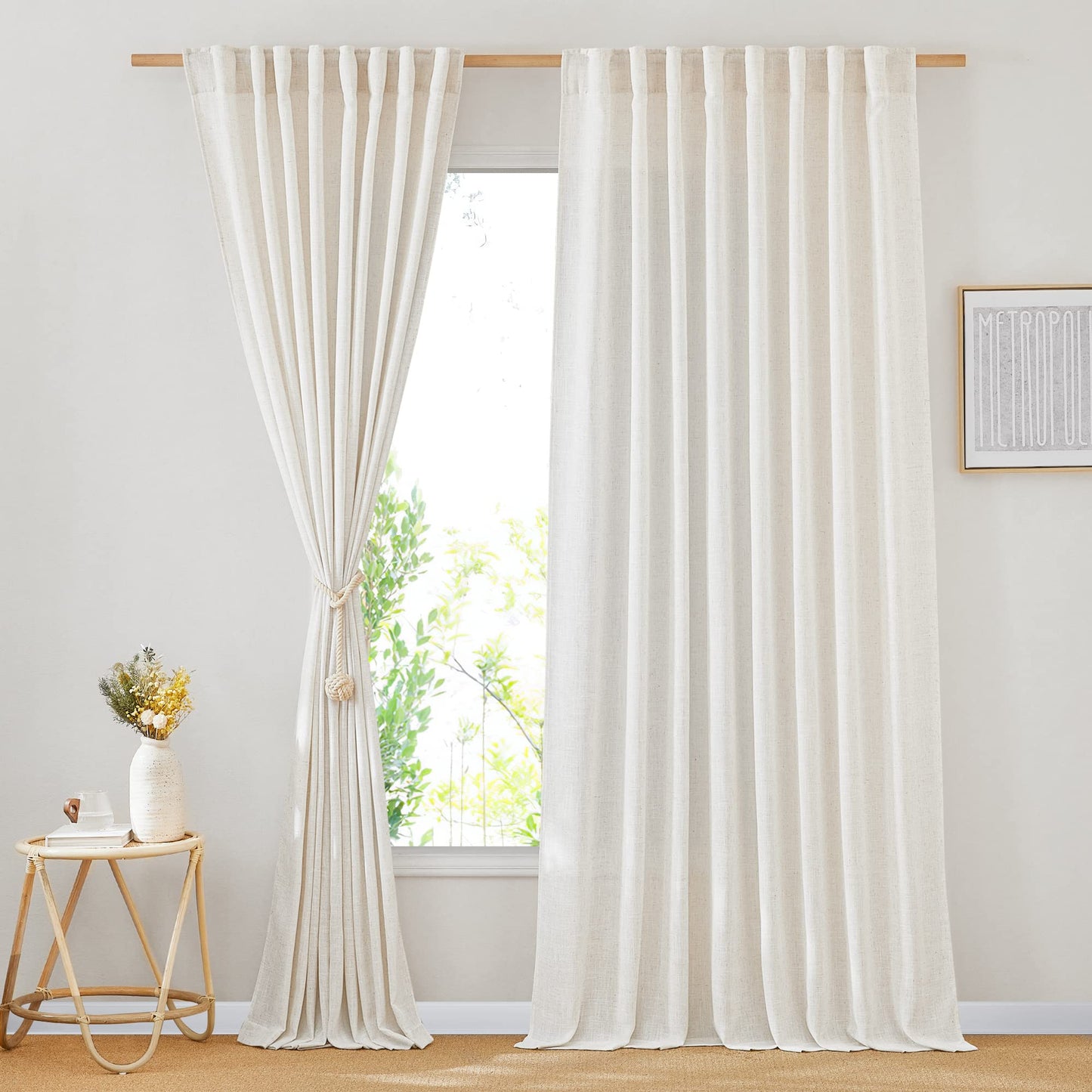 NICETOWN White Semi Sheer Kitchen Curtains 30 inch Length, Rod Pocket & Back Tab Faux Linen Blend Privacy with Light Filtering Window Drapes for Cafe, W34 x L30, 2 Panels BST220