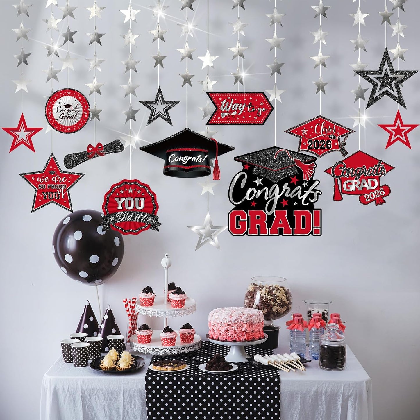 Yisong 14 Pcs Graduation Garland Class of 2026 Graduate Decoration Diploma Hat Star Congrats Garland Banner Congrats Grad Streamers Backdrop for Graduation Party Supplies College Grad Decor(Red) BST202
