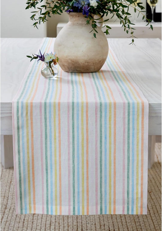 Solino Home 100% Pure Linen Table Runner Stripe Striped, Julia 14 x 72 in | Table Runners for dining, hallway and console tables; woven stripe, mitered corners; Muted Pastel Stripe; OEKO-TEX Certified BST326SOLH