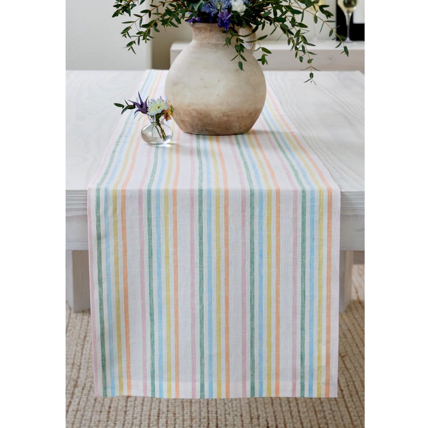 Solino Home 100% Pure Linen Table Runner Stripe Striped, Julia 14 x 72 in | Table Runners for dining, hallway and console tables; woven stripe, mitered corners; Muted Pastel Stripe; OEKO-TEX Certified BST326SOLH