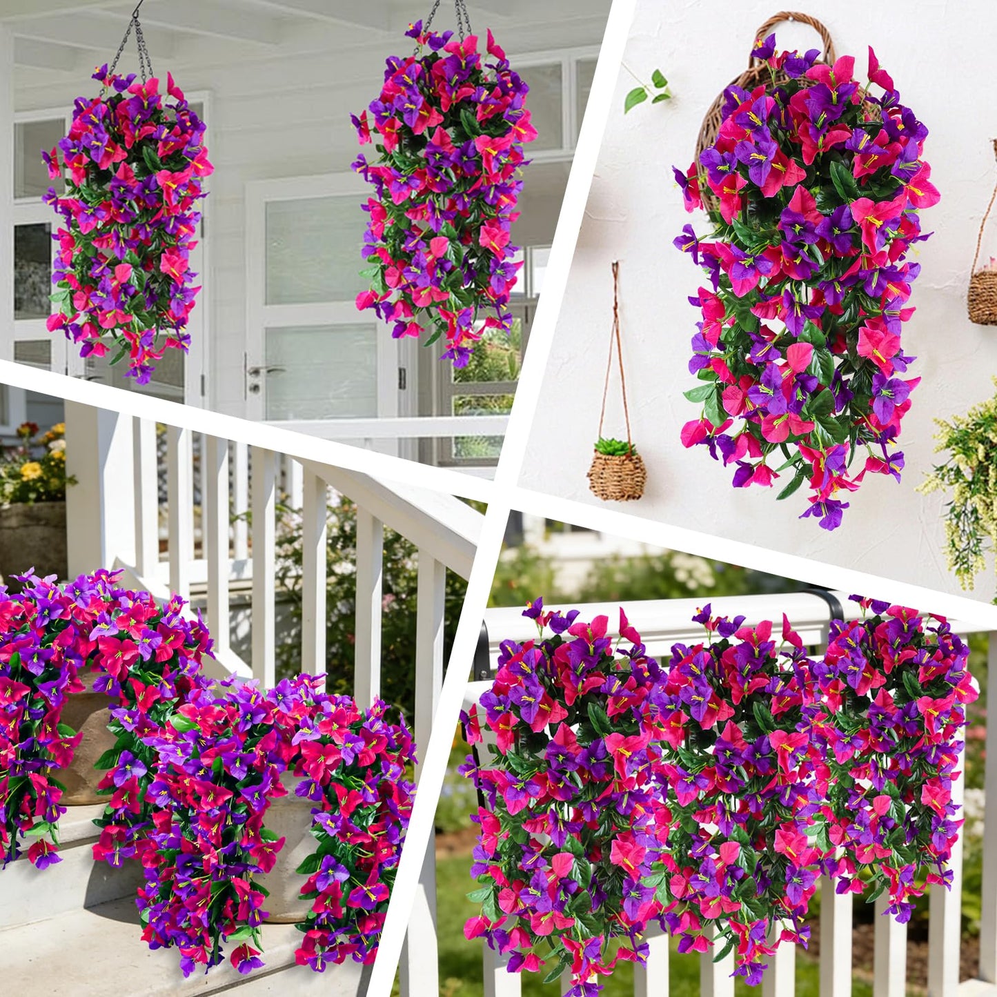 2 Pack Artificial Bougainvillea Flowers for Outdoors Decorations, Fake Hanging Plants, Faux Outside Flowers UV Resistant for Baskets Home Front Door Porch Patio Balcony Yard(Hot Pink) BST202