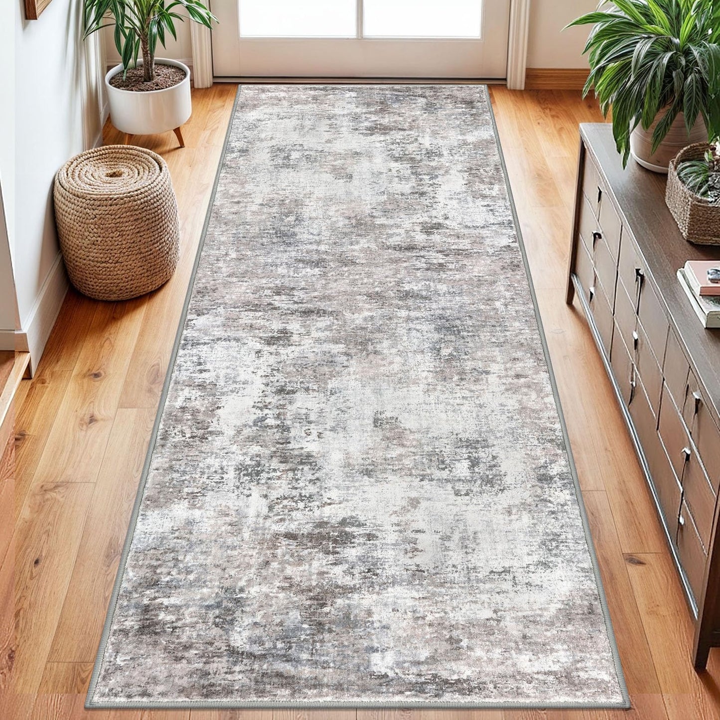 Lansny Modern Abstract Runner - 2x5, Beige Grey Washable Kitchen Entryway Rug Mat Non-Slip Soft Neutral Hallway Rug Thin Print Faux Wool Carpet for Bedroom Laundry Room Indoor BST220