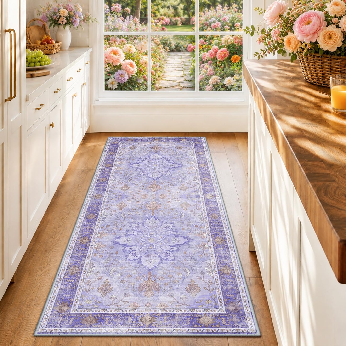 RELEANY Area Rugs Runner 2'x6' Washable Non-Slip, Floral Vintage Distress Medallion Carpet for Kitchen Hallway Bedroom Beside Laundry Room Bathroom, Teal Green Lake Blue Turquoise DD1210