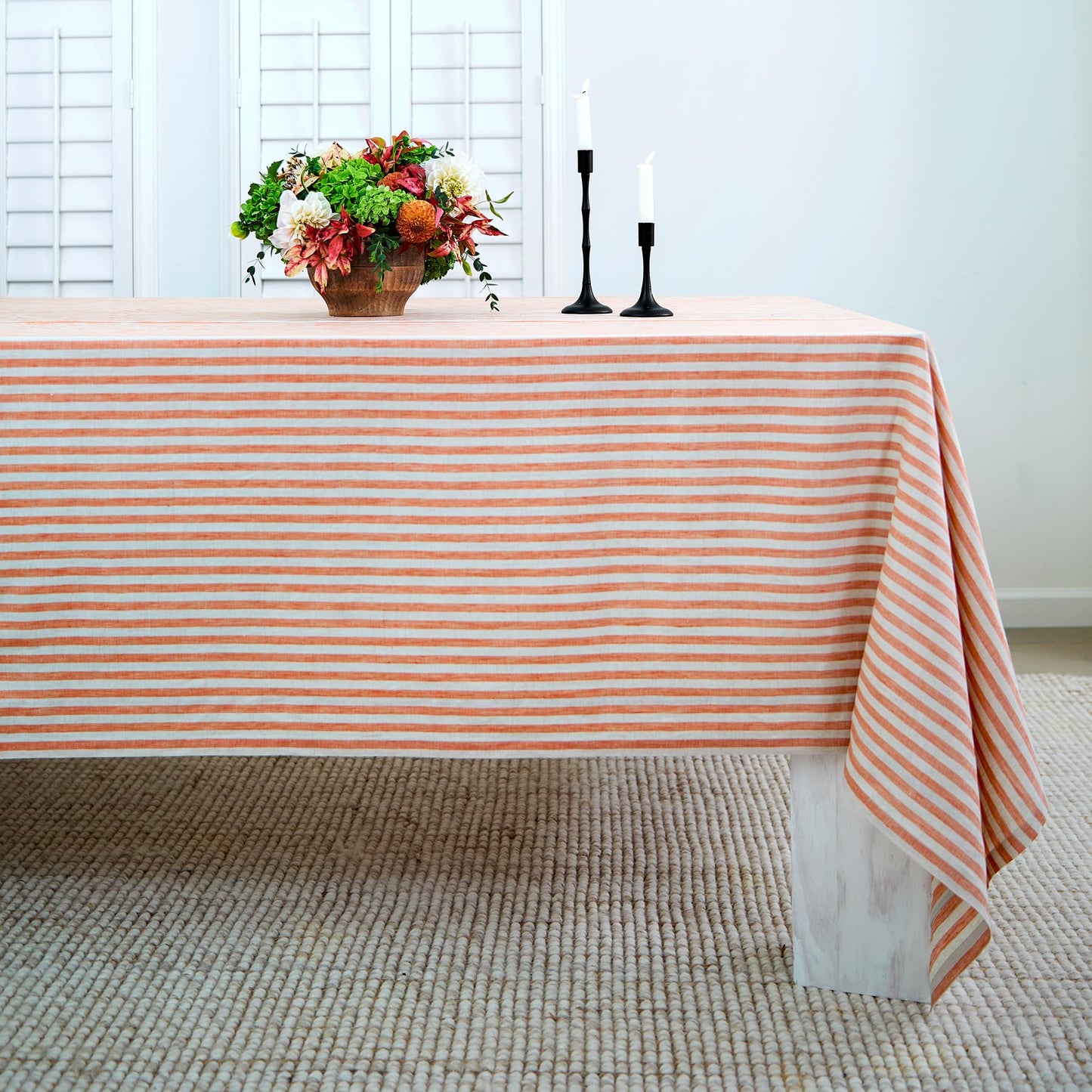 Solino Home 100% Linen Table Cloth, Throw, 52 x 52 in, Coral, Amalfi Stripe | Striped Linen Tablecloth a neat topper for bistro, card and side tables | Coral and White | Pure Linen | OEKO-TEX Certified BST326SOLH