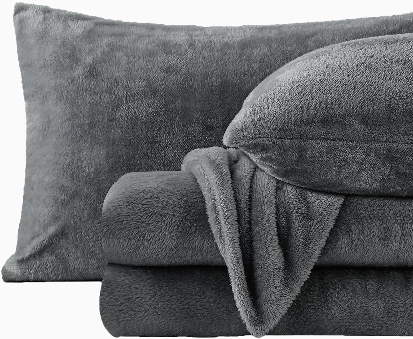 Faux Fur Queen Sheet Set, Luxury Soft Fleece Bed Sheets, Fluffy Plush Velvet Sheets Fuzzy Bedding Sheets for Fall and Winter, Cozy Warm, No Shedding, 4PC, Dark Grey BST326H