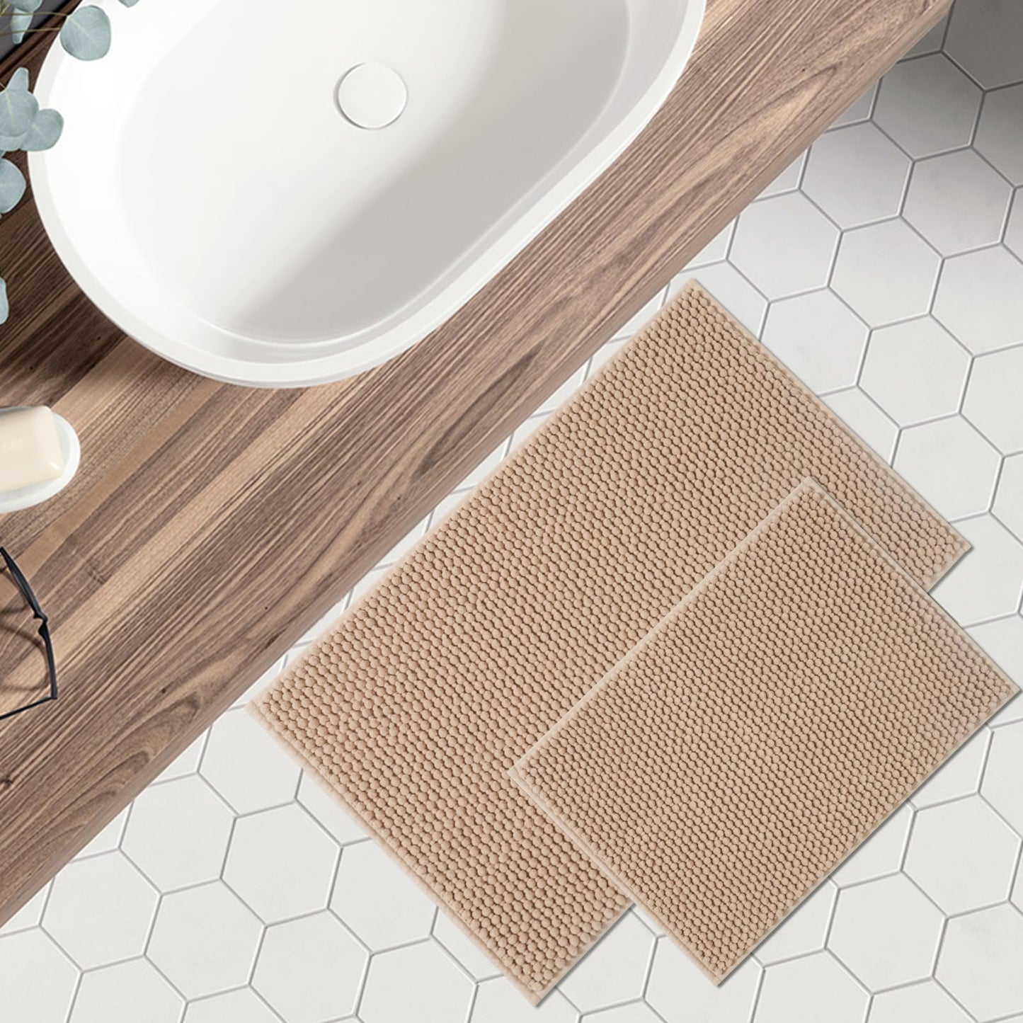 FRESHMINT Chenille Bathroom Rugs Sets 2 Piece 17"x24"+20"x32", Non-Slip Bath Mats, Absorbent Bath Rug, Washable Set of 2 Shower Floor Mat, Gray BST220