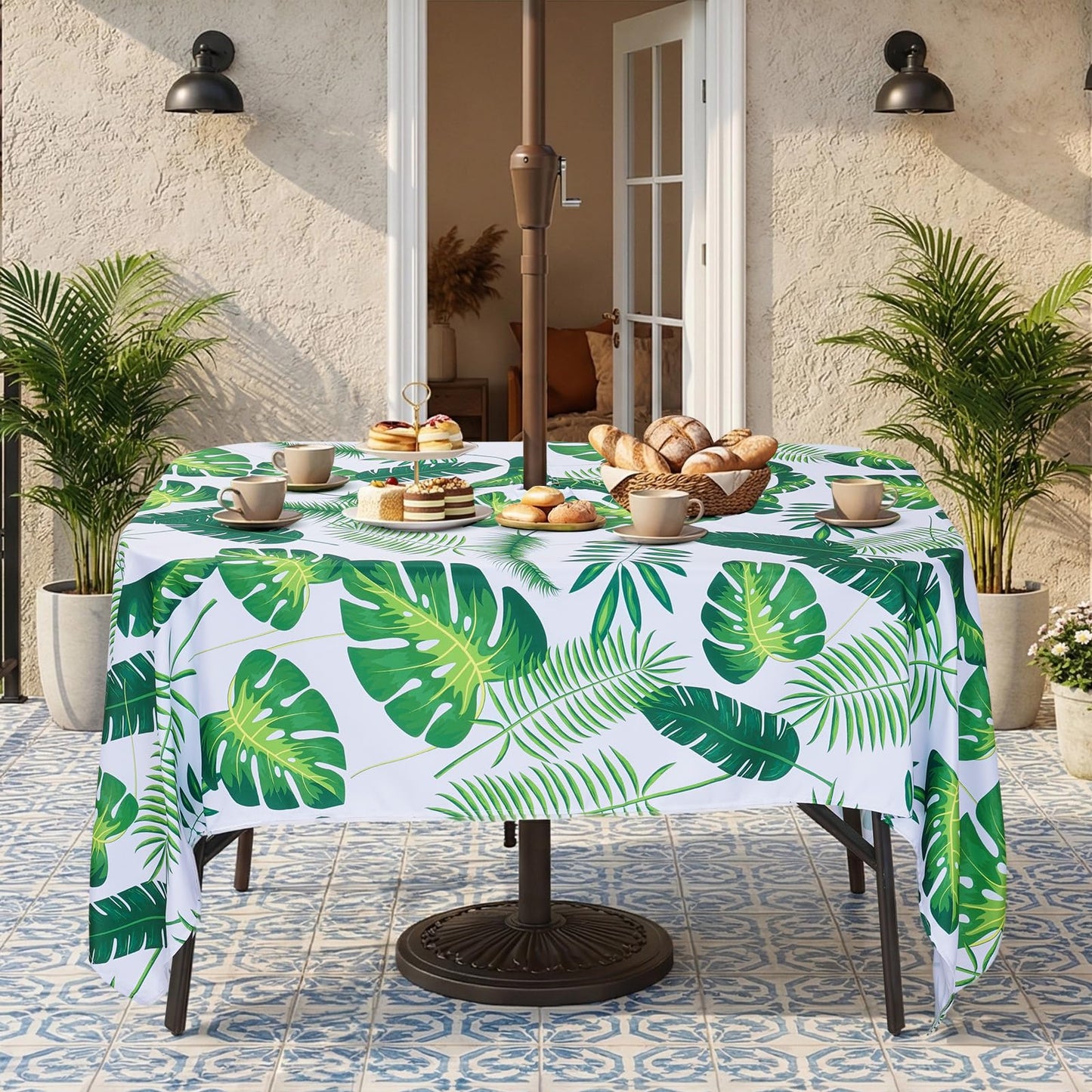 Eternal Beauty 52” Round Tablecloth Waterproof Outdoor Tablecloth with Umbrella Hole Zipper for Spring Summer Patio Picnic Tables (Tropical Palm Leaf) BST326H