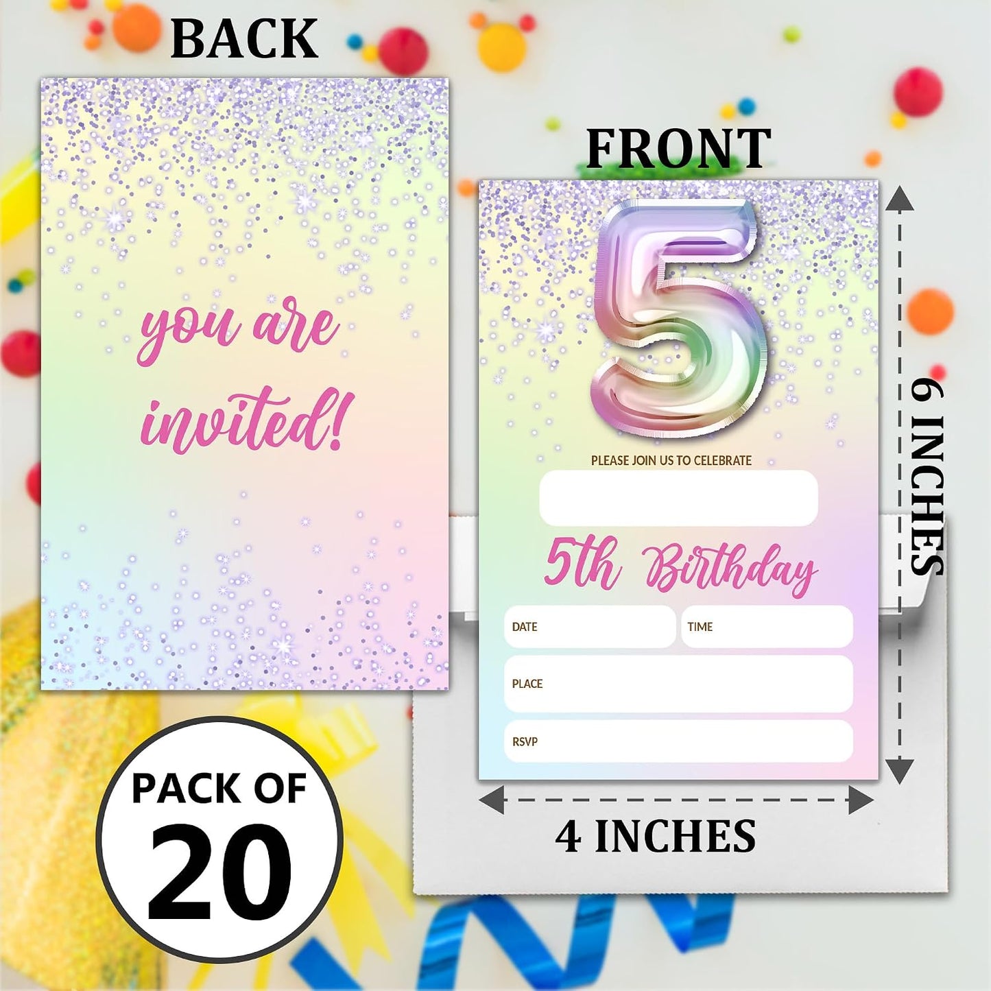5th Birthday Invitations For Girl,Purple Glitter Birthday Invites, 20 Fill-in Rainbow Balloons Invitation Cards With Envelopes, Fifth Party Decorations 4x6 Inch-D05 WN420