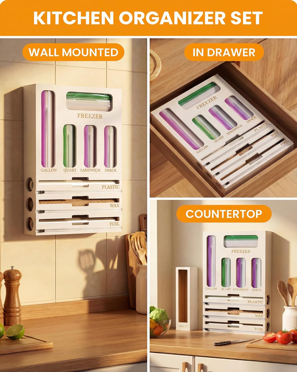 Bamboo Foil and Plastic Wrap Organizer for Kitchen Drawer, 9 in 1 Plastic Bag Organizer Organization and Storage, Food Storage Bag Organizer with Labels for Quart Gallon Snack (White) DD1210