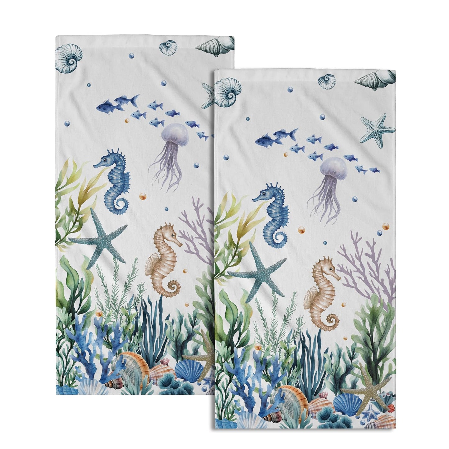 Imiss Coral Starfish Hand Towels for Bathroom，Nautical Coastal Seashell Guest Towels 14.4 x 28.3 Inch Set of 2 Soft Small Bath Towel Kitchen Dish Towels for Home Hotel Gym Spa BST220