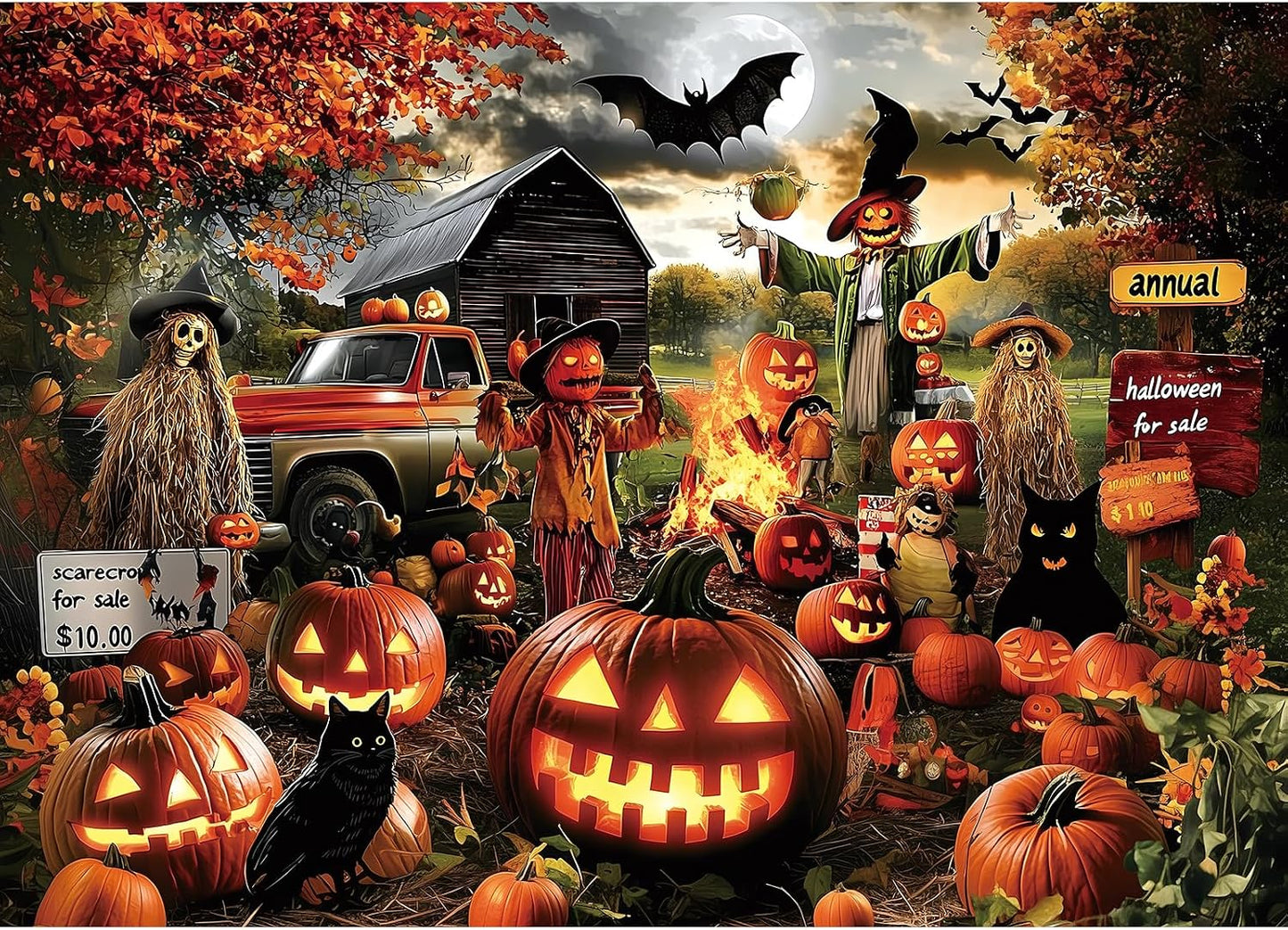 Halloween Puzzle 1000 Pieces for Adults Spooky Scarecrow Farm | Jigsaw Puzzles 1000 Pieces Autumn Horror Spooky with Pumpkin & Ghost Truck for Party Game Night, Dust-Free, 27.5"x19.7" WN420