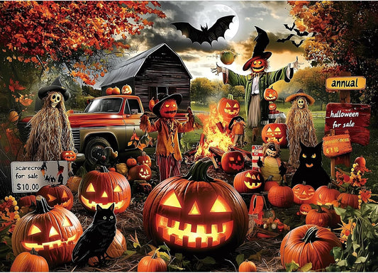 Halloween Puzzle 1000 Pieces for Adults Spooky Scarecrow Farm | Jigsaw Puzzles 1000 Pieces Autumn Horror Spooky with Pumpkin & Ghost Truck for Party Game Night, Dust-Free, 27.5"x19.7" WN420