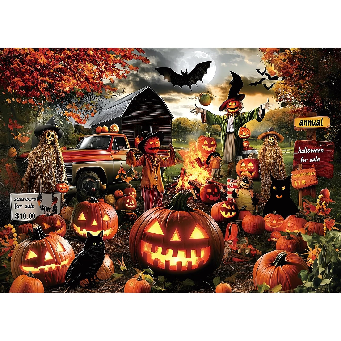 Halloween Puzzle 1000 Pieces for Adults Spooky Scarecrow Farm | Jigsaw Puzzles 1000 Pieces Autumn Horror Spooky with Pumpkin & Ghost Truck for Party Game Night, Dust-Free, 27.5"x19.7" WN420