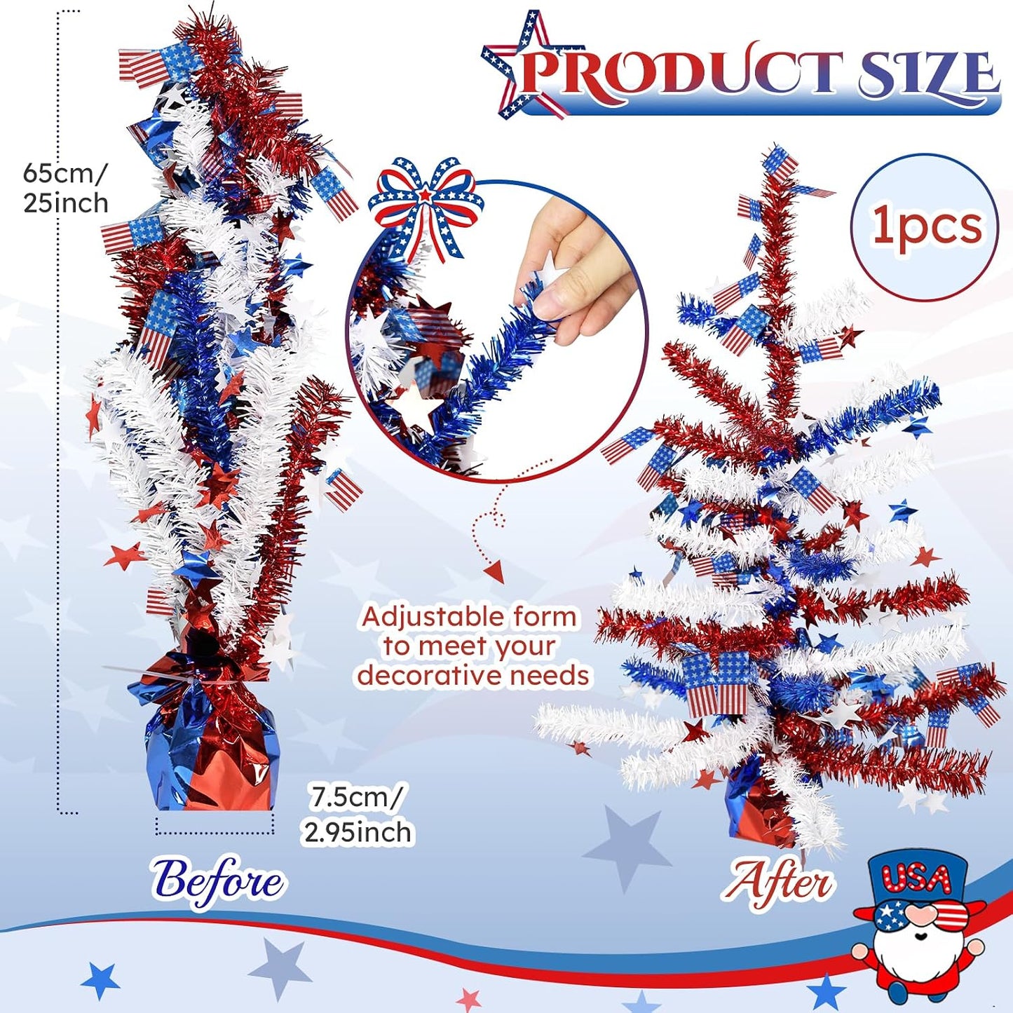 4th of July Table Centerpiece Decoration - Patriotic Tree for Tables Metallic Foil Spray Star Burst Independence Day Party Dining Home Memorial Day Supplies BST202