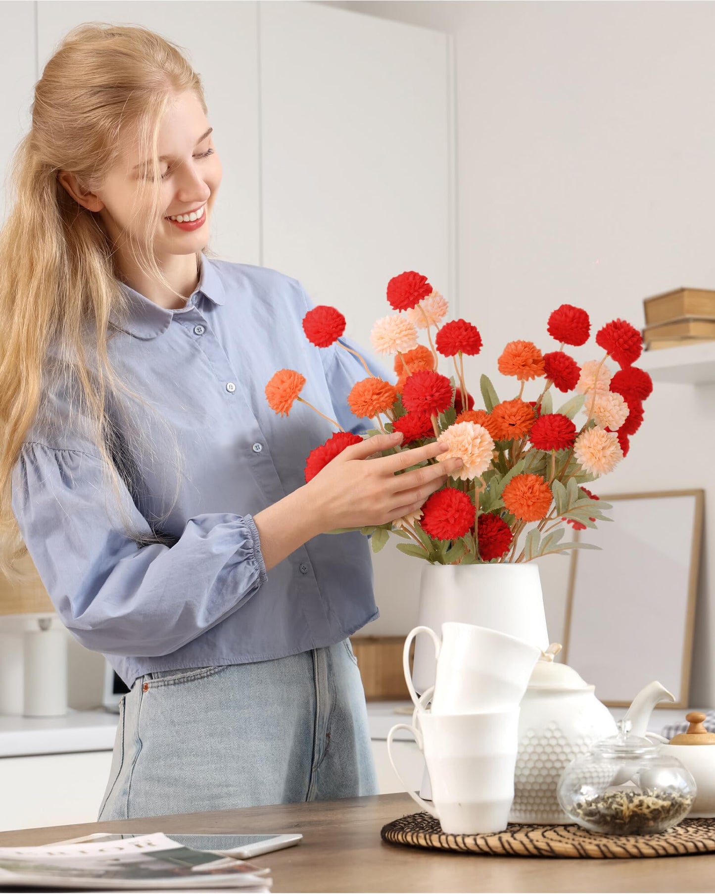 Beige Faux Silk Mums Artificial Flowers, 8Pcs Fall Fake Kiku Small Mini Chrysanthemum Pom Pom Stems for DIY Bouquets Centerpieces Vase Autumn Home Decorations Floral Arrangement BST202