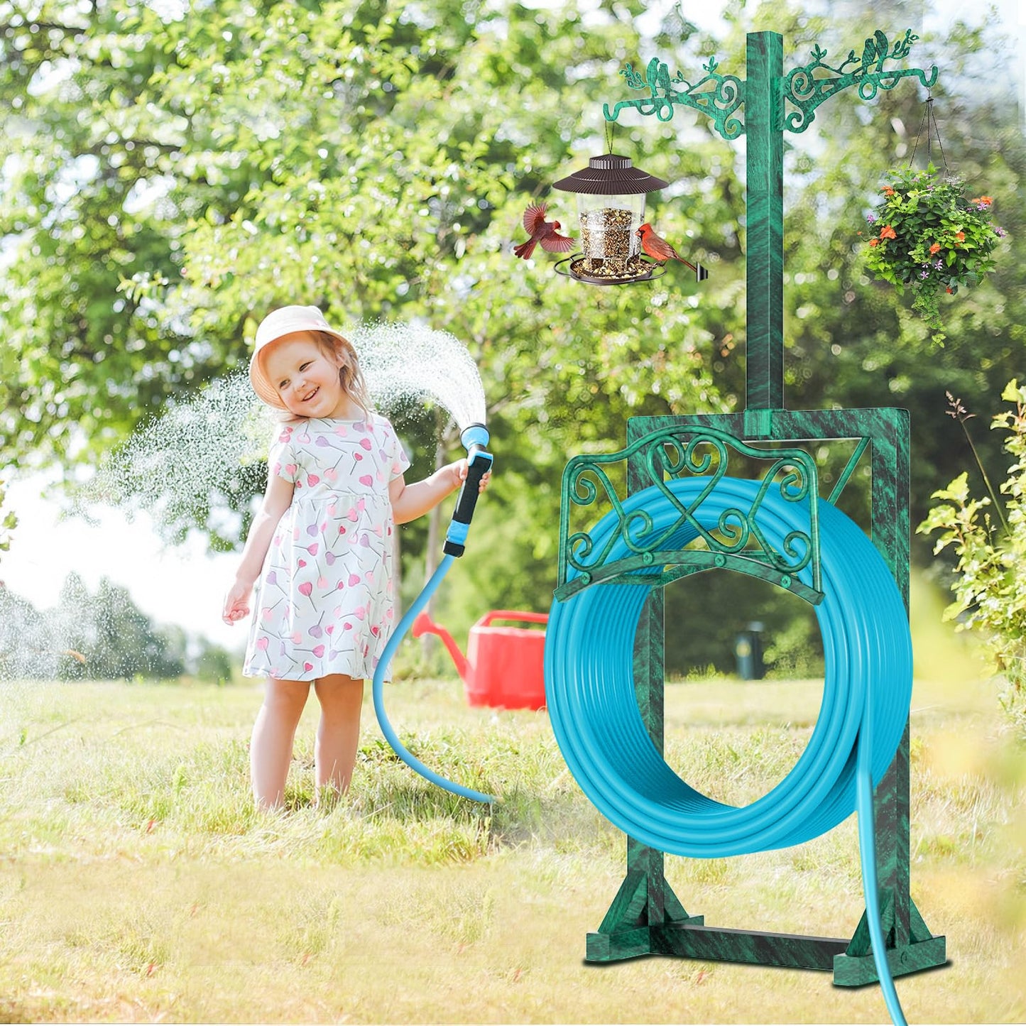 Garden Hose Holder, Freedstanding Heavy Duty Garden Water Hose Holder Stand with 2 Shepherds Hooks, Detachable Metal Hose Storage Hanger Rack for Outside Yard Lawn Farm DD1210