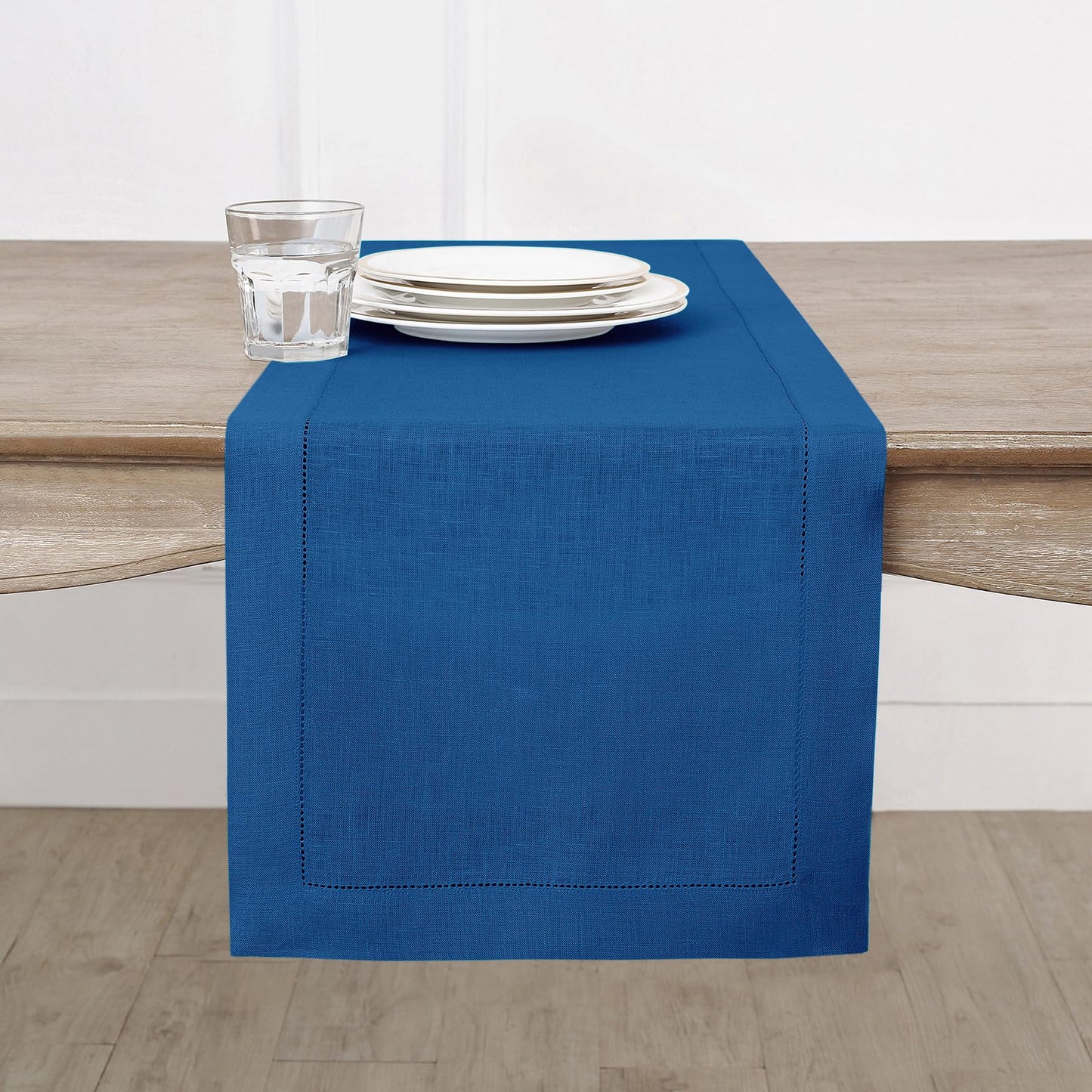 Solino Home 100% Pure Linen Table Runner Garden Green Hemstitch, 14 x 48 in | Classic Hemstitch Table Runners for dining, hallway and console table styling | hand hemstitched borders | OEKO-TEX Certified BST326SOLH