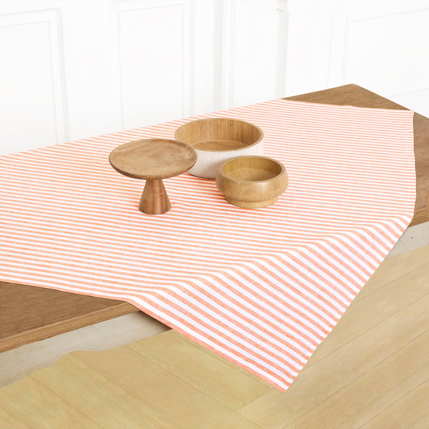 Solino Home 100% Linen Table Cloth, Throw, 52 x 52 in, Coral, Amalfi Stripe | Striped Linen Tablecloth a neat topper for bistro, card and side tables | Coral and White | Pure Linen | OEKO-TEX Certified BST326SOLH