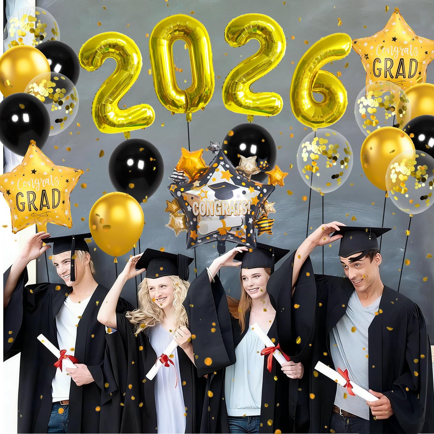 Graduation Balloons Congrats Grad Balloons Gold and Black Balloon for 5th Grade Graduation Decorations Grad Party Decorations 2026 BST326L