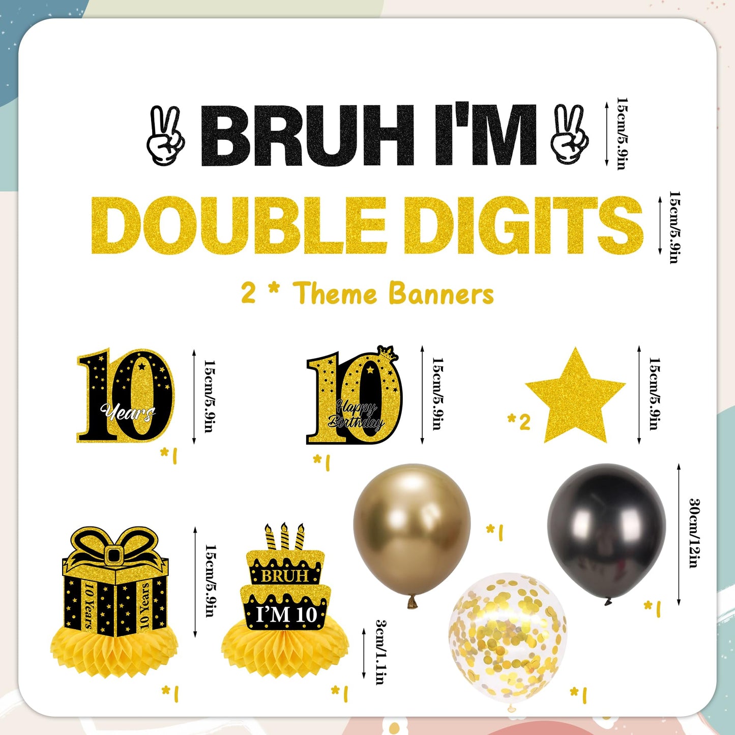 10th Birthday Decorations Banner Boys - 11 Pcs Silver Black Bruh I'M Double Digits Banners Hanging Swirls Honeycomb Table Decoration Latex Balloons For Boy 10 Year Old Bday Party Supplies BST220