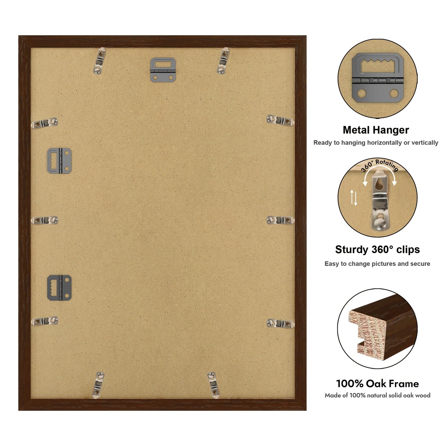 YESKAY 12x16 Picture Frame - 12 x 16 Photo Frame Made of Solid Oak Wood and Real Glass,Display Picture 4 Opening 5x7 with Mat or 12x16 Without Mat for Wall Mounting(Color Walnut) BST326H