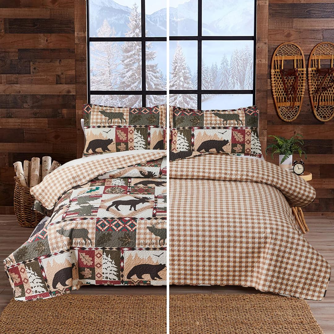 Rustic Moose Quilt Set King Size Lodge Quilt Lightweight Summer Cabin Bedspread Country Bedding Forest Bear Fish Pine Coverlet Daybed Cover Blanket Woodland Home Decor-Brown White BST220
