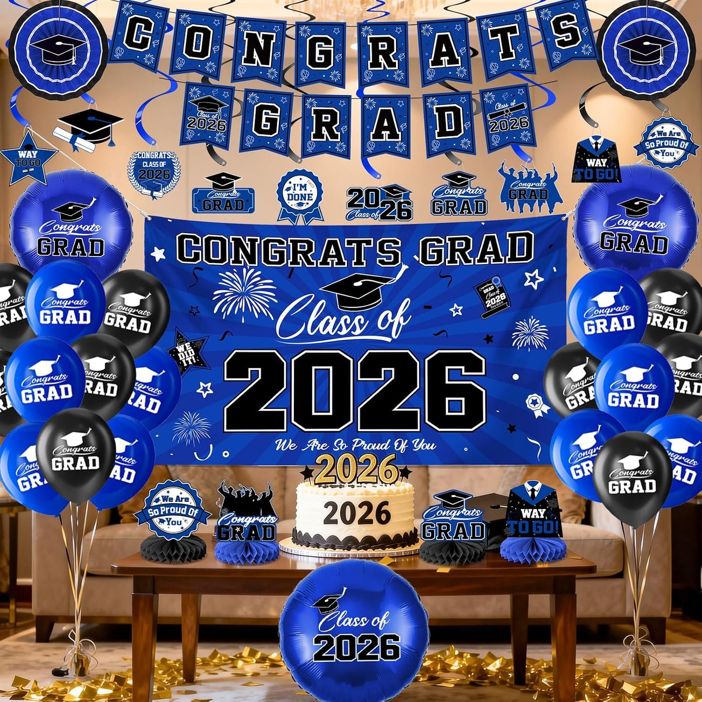 Graduation Decorations 2026-Blue and Black Graduation Party Decorations Supplies Class of 2026 with Graduation Banner, Backdrop, Balloons, Centerpieces, Hanging Swirl for Grad Party BST326H