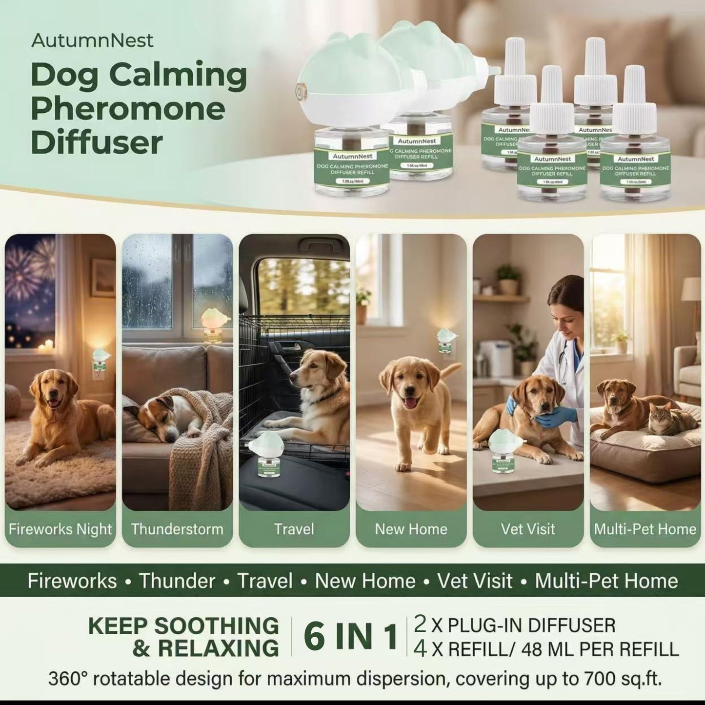 8-in-1 Dog Calming Pheromone Diffuser Kit – Pet Stress Support (2 Plug-Ins & 6x48ml Refills), Calming Diffuser for Dog During Thunderstorms, Travel, Separation, Fireworks & Vet Visits, 180-Day Supply WN420