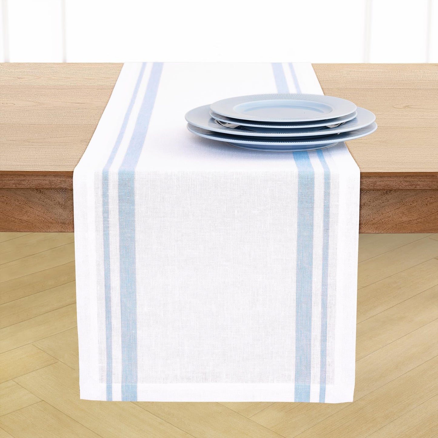 Solino Home 100% Pure Linen Table Runner, 14 x 60 in, Black, French Stripe | Table Runners for dining, hallway and console tables | woven stripe, mitered corners | Black and White | OEKO-TEX Certified BST326SOLH