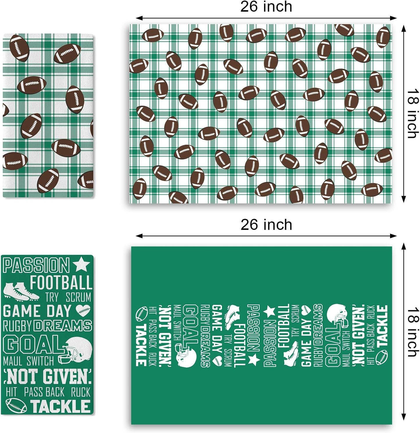 Football Season Kitchen Dish Towels Set of 2, Rugby Sport Game Day | Green Buffalo Plaid Drying Hand Towel Baking Cooking Cloth, Farmhouse Bathroom Home Decor Football Player Gifts 18'' x 26'' BST202