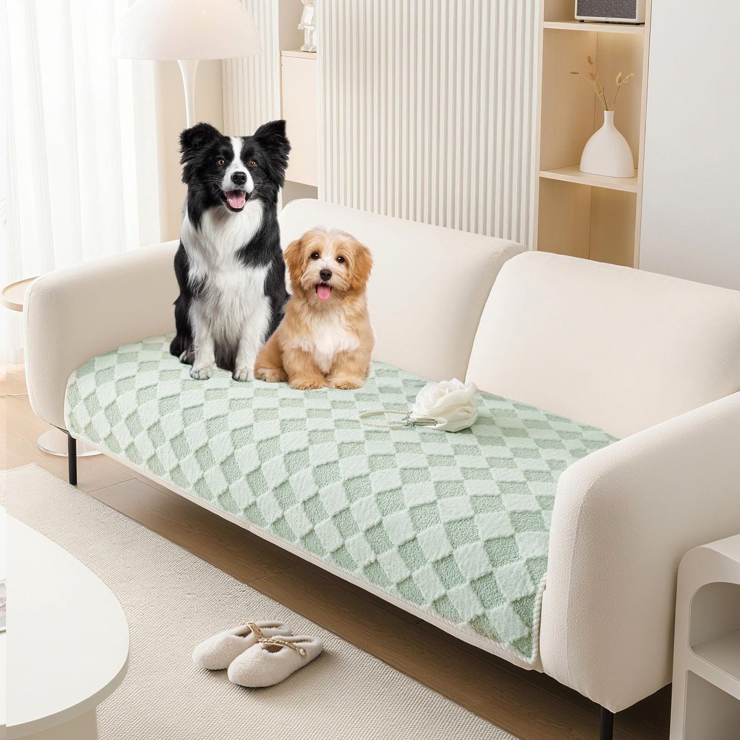 HANDONTIME Fuzzy Dog Couch Cover Washable, Pet-Friendly Sofa Covers Non-Slip Geometric Jacquard Pet Protector Furniture Cover for 3 Cushion Sofa Cozy Fuzzy Dog Mat for Couch (Grey, 35.4" x 70.9") BST202