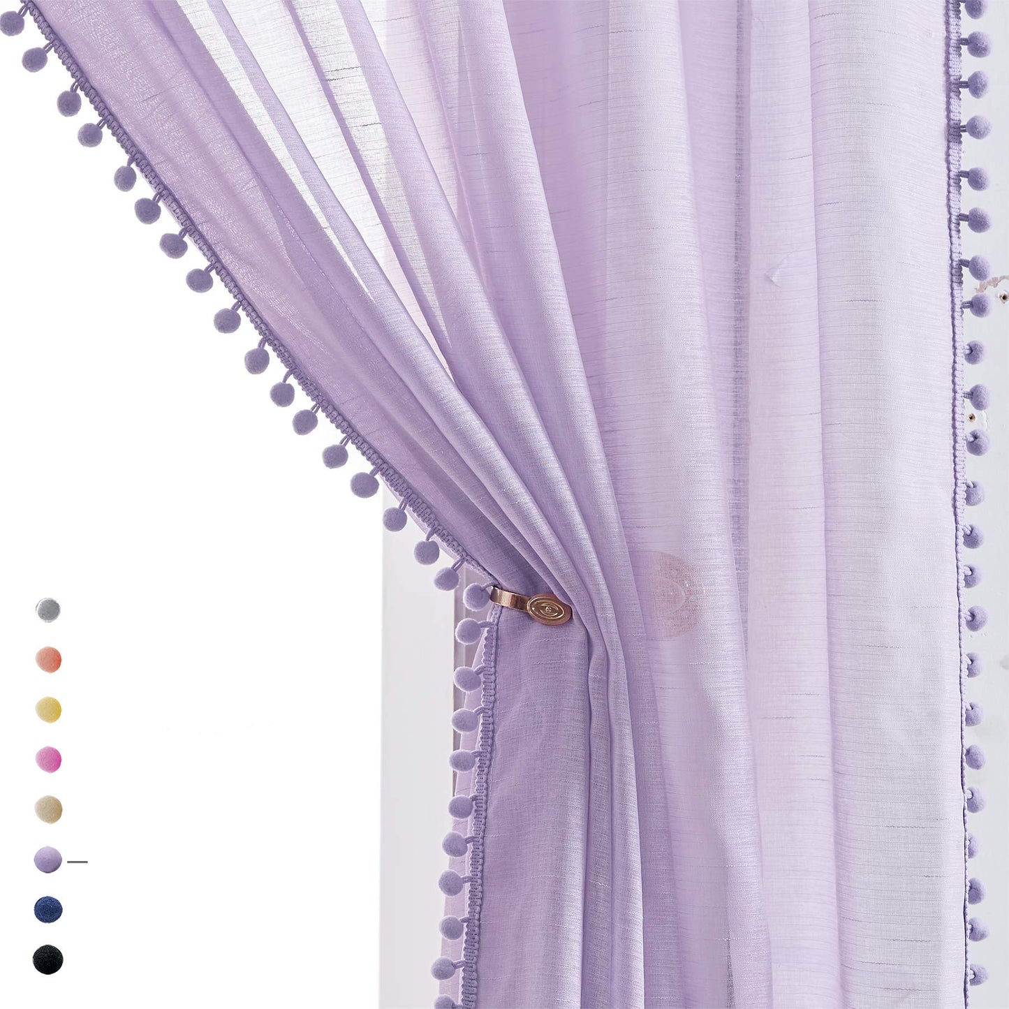 Treatmentex Pom-Pom Grey Sheer Curtains for Bedroom 63" Window Drapes Rod Pocket Textured Sheer Curtain for Kids Room 52" w 2 Panels BST202