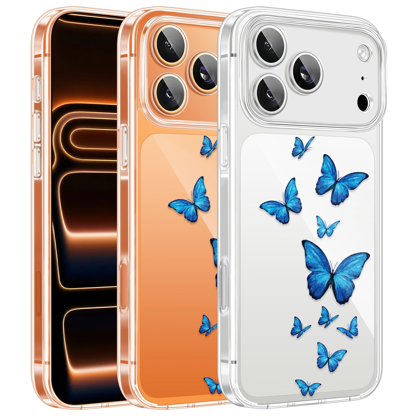 Cute Girly Crystal Clear Case Compatible with iPhone 16 Pro, Camera Control & Shockproof Protection Floral Case for Women, Blue Butterflies WN420